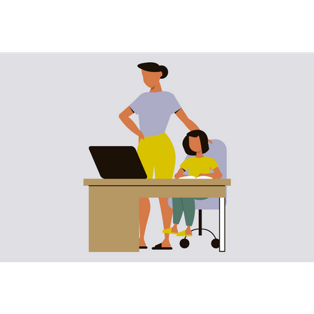 Woman teaching girl on laptop Illustration