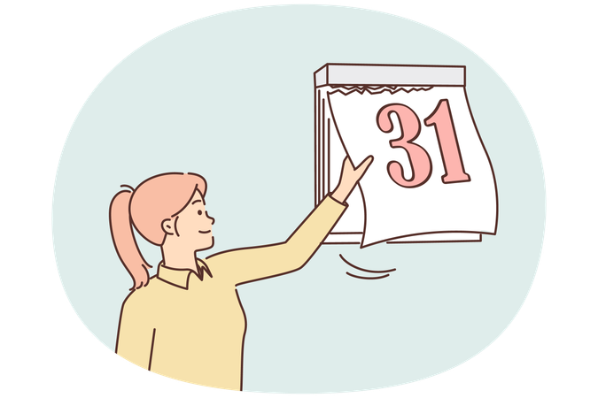 Woman tears off sheet of calendar with number 31 at end of month and beginning of new period  Illustration