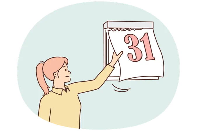 Woman tears off sheet of calendar with number 31 at end of month and beginning of new period  Illustration