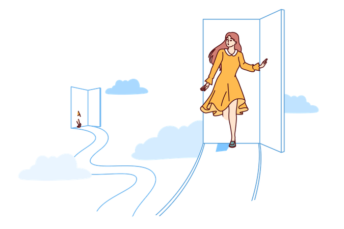 Woman teleports by entering magical door and exiting in arcuate place located in sky with clouds  Illustration