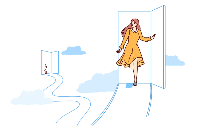 Woman teleports by entering magical door and exiting in arcuate place located in sky with clouds  Illustration