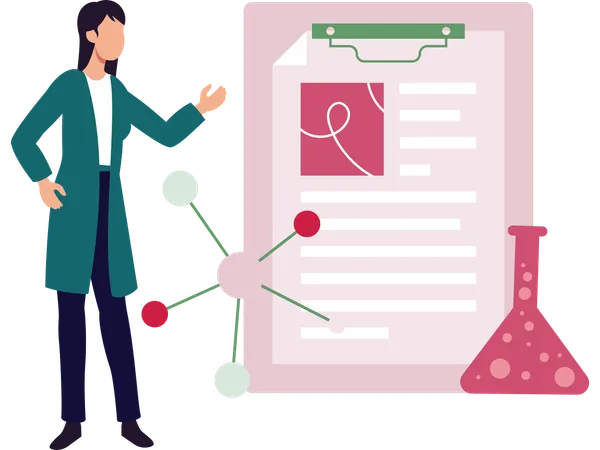 Woman telling about chemical structure  Illustration