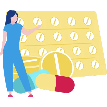 Woman telling about medicines in strip  Illustration