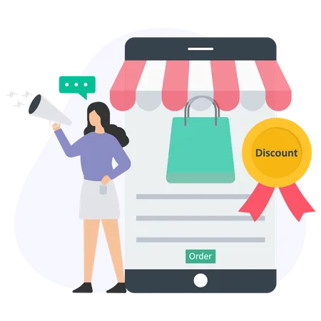 Woman telling about shopping discount  Illustration