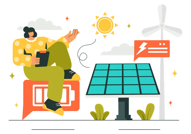 Woman telling about solar energy  Illustration