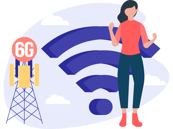 Woman telling about wireless connection  Illustration