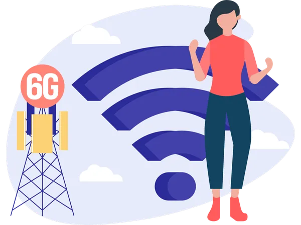 Woman telling about wireless connection  Illustration