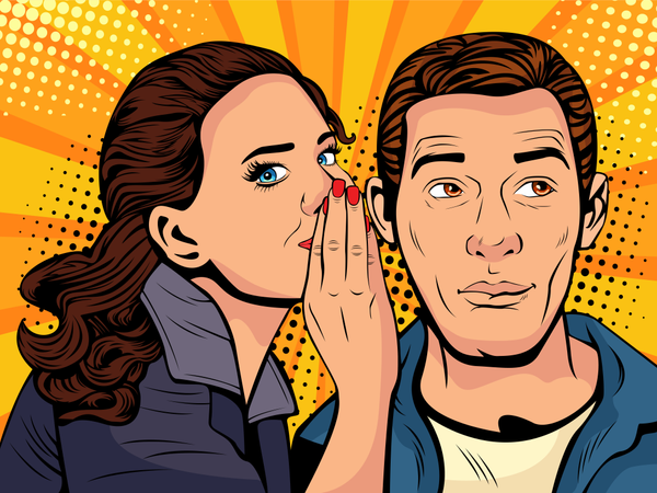 Woman telling secret to man. Gossip and rumors talks. Vector illustration in retro comic style.  Illustration