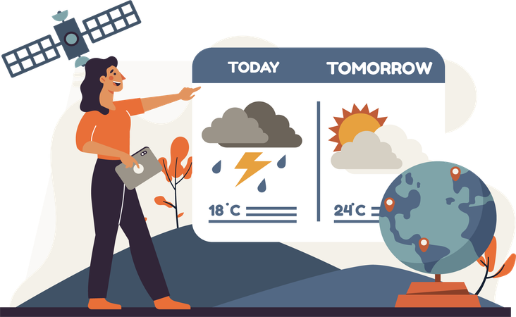 Woman tells weather prediction for tomorrow  Illustration