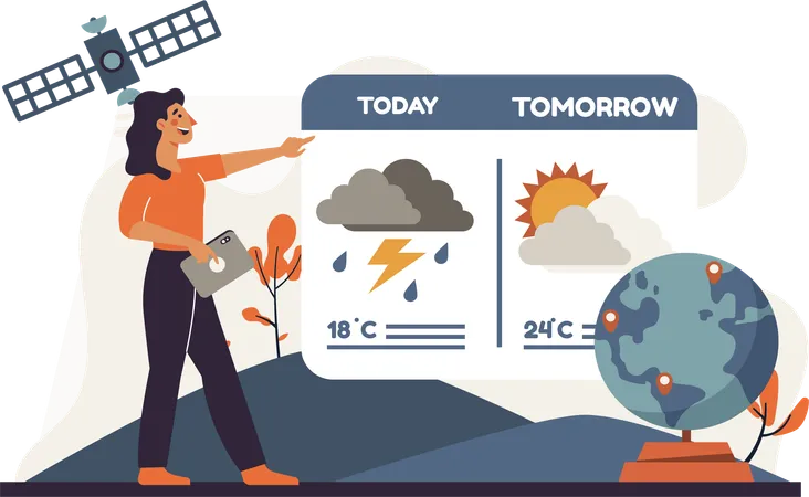 Woman tells weather prediction for tomorrow  Illustration