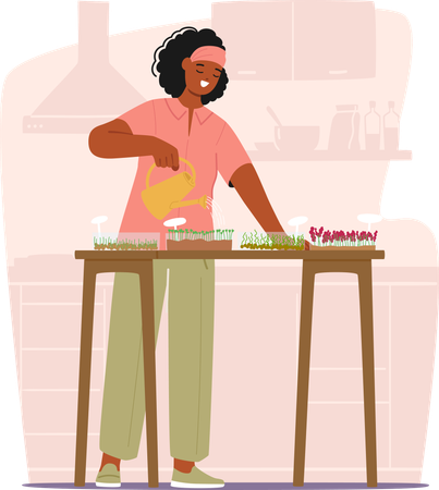 Woman Tends To Her Kitchen Microgreens Nurturing Tiny Shoots With Care Bringing Freshness And Vitality To Her Cooking  Illustration