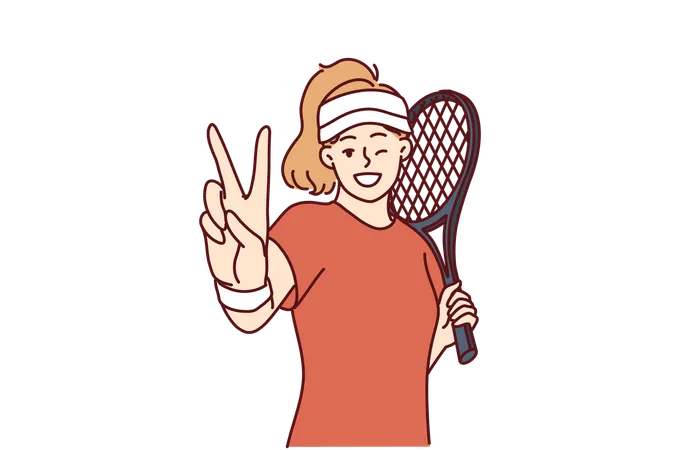 Woman Tennis Player Demonstrates Victory Gesture Before Tournament Or Championship Against Professional Opponent Girl With Tennis Racket Stands On Court Playing Sports Leads Healthy Lifestyle Illustration
