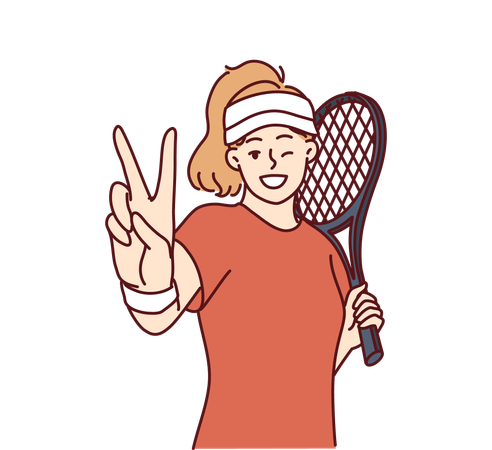 Woman tennis player demonstrates victory gesture before tournament  Illustration