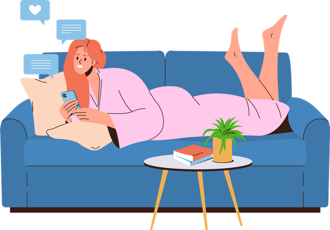 Woman texting message in mobile while rest lying on sofa at home  イラスト