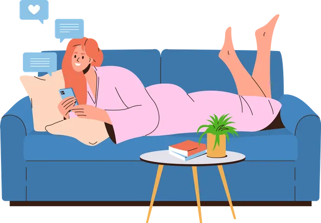 Young Happy Woman Character Texting Message In Mobile Phone While Rest Lying On Sofa At Home Vector Illustration Teenager Female Chatting Online In Social Media App Via Wireless Internet Connection Illustration