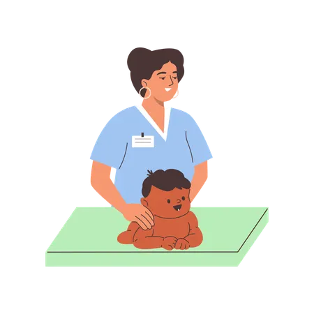 Woman therapist on diaper table making massage to infant baby  Illustration
