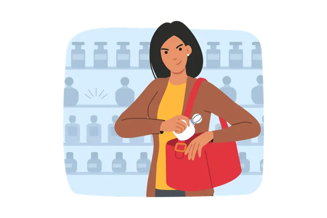 Woman thief is engaged in shoplifting  Illustration