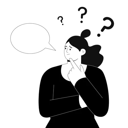 Woman Standing In Thoughtful Pose Holding Chin With Question Marks Illustration
