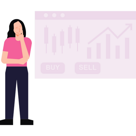 Woman thinking about buying and selling stock market Illustration