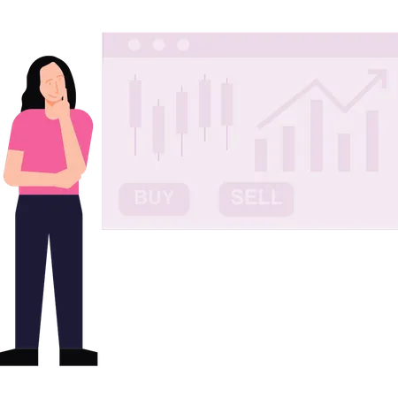 Woman thinking about buying and selling stock market  Illustration