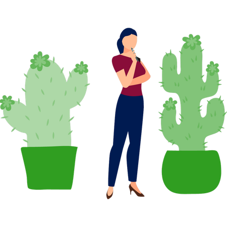 Woman thinking about cereus plant  Illustration