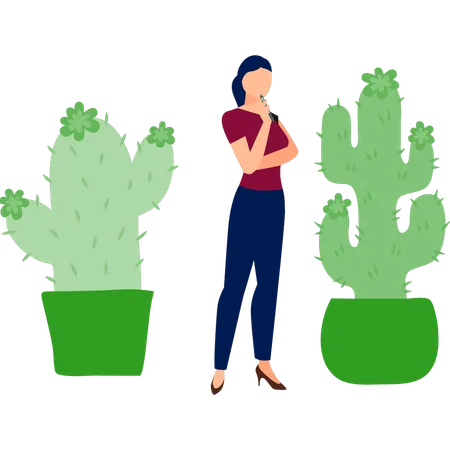 Woman thinking about cereus plant  Illustration