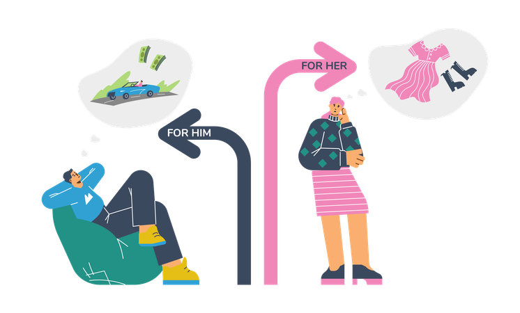 Woman thinking about clothes and man thinking about money and car  Illustration
