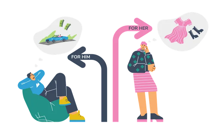 Woman thinking about clothes and man thinking about money and car  Illustration