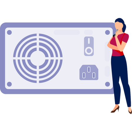 Woman thinking about cooling fan  Illustration