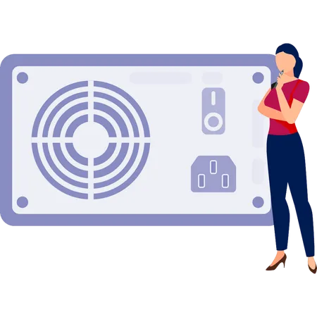 Woman thinking about cooling fan  Illustration