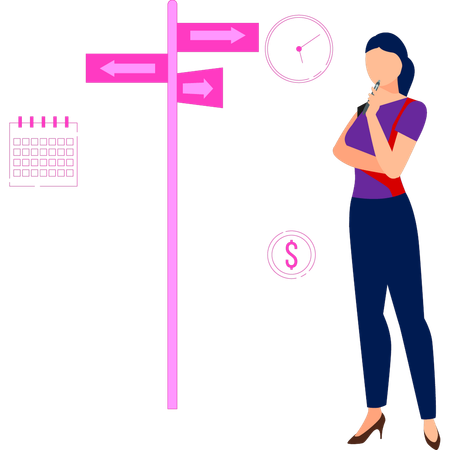 Woman thinking about direction boards  Illustration