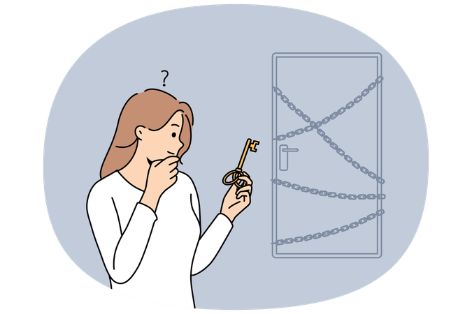 Woman thinking about door key  Illustration