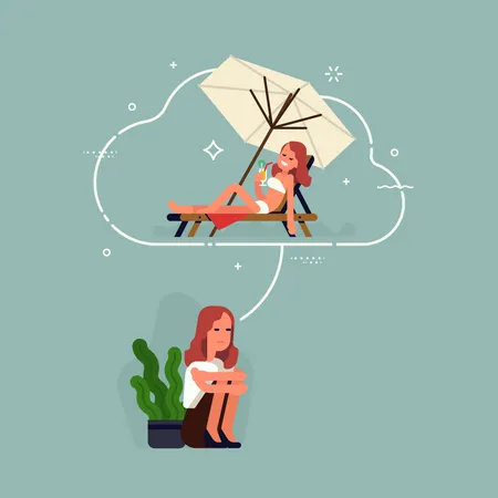 Vector Flat Character Design On Lockdown Affected Person Dreaming About Having A Great Vacation Illustration