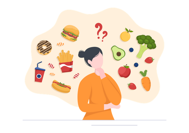 Woman thinking about healthy and unhealthy food Illustration