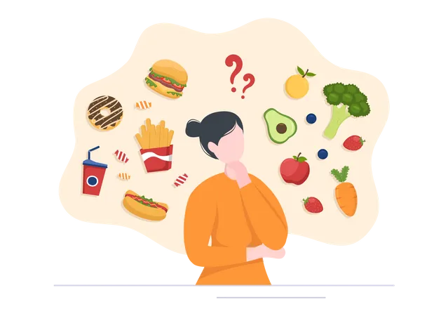 Woman thinking about healthy and unhealthy food Illustration