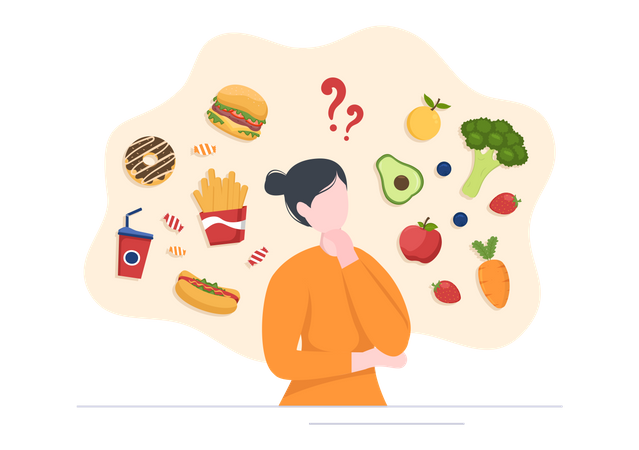 Woman thinking about healthy and unhealthy food  Illustration