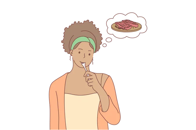 Food Cooking Hunger Thinking Concept Young Pensive Thoughtful African American Woman Or Girl Dreaming About Meat Meal With A Fork In Mouth Is Thinking Temptation To Eat In Diet Illustration Illustration