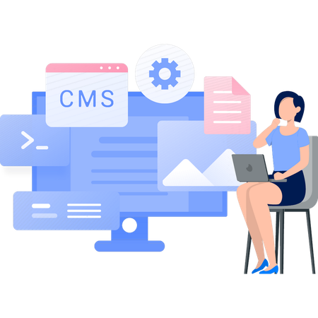 Woman thinking about  webpage CMS system  Illustration