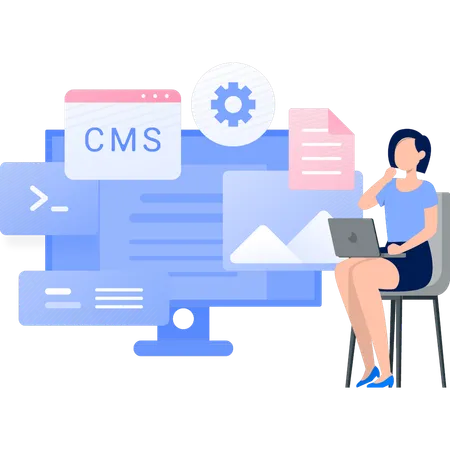 Woman thinking about  webpage CMS system  Illustration