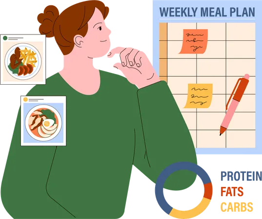 Woman thinking about week meal plan  일러스트레이션