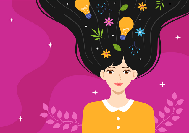 Woman Thinking Positive as a Mindset in Symbolizing Creativity and Dreams Illustration