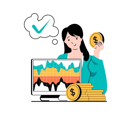 Woman thinking to invest money in stocks  Illustration