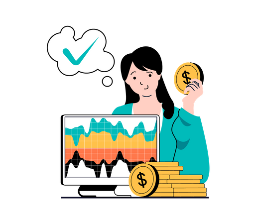 Woman thinking to invest money in stocks  Illustration