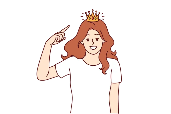 Woman With Golden Crown On Head Smiling Broadly And Looking At Screen Showing Confidence And Narcissism Happy Girl Tries On Princess Crown And Dreams Of Marrying Prince Or King Illustration