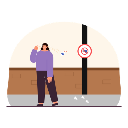 Woman throw waste at no litter zone  Illustration