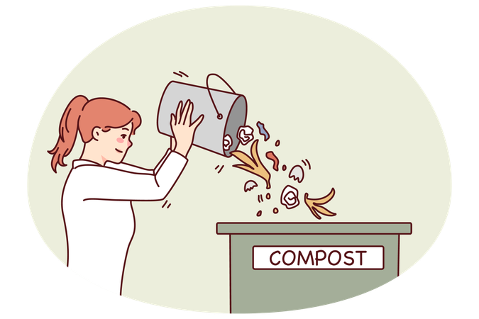 Woman throw waste in compost bin  Illustration