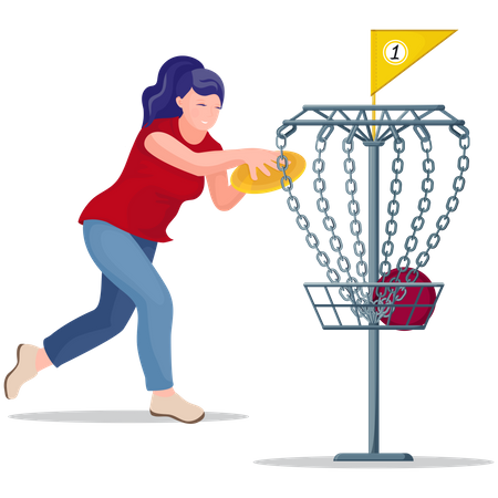 Woman throwing a frisbee disc to the basket  Illustration