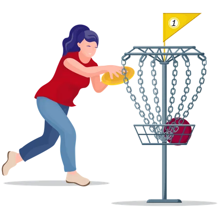 Woman throwing a frisbee disc to the basket Illustration