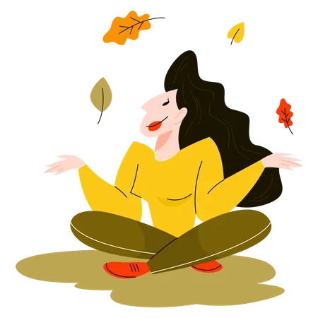 Woman Throwing Autumn Leaves Young Person Have Fun Autumn Season Isolated Flat Vector Illustration Illustration