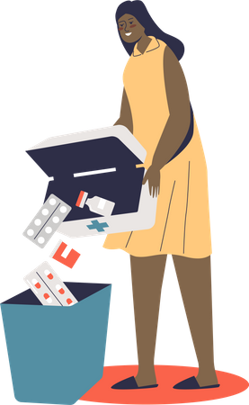 Woman throwing away expired medicines  Illustration